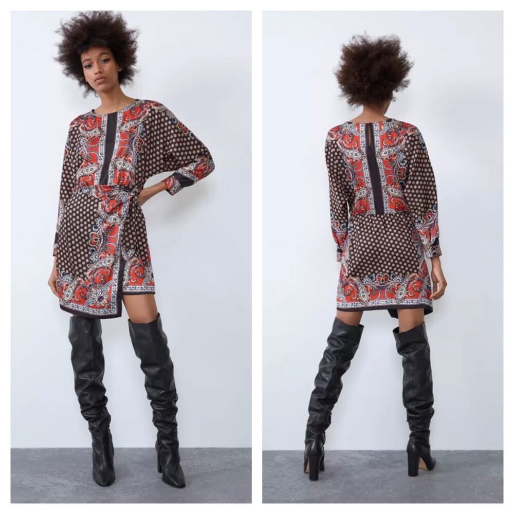 Zara Paisley Scarf Mix Print Satin Faux Wrap Mini Dress Small Boho Western